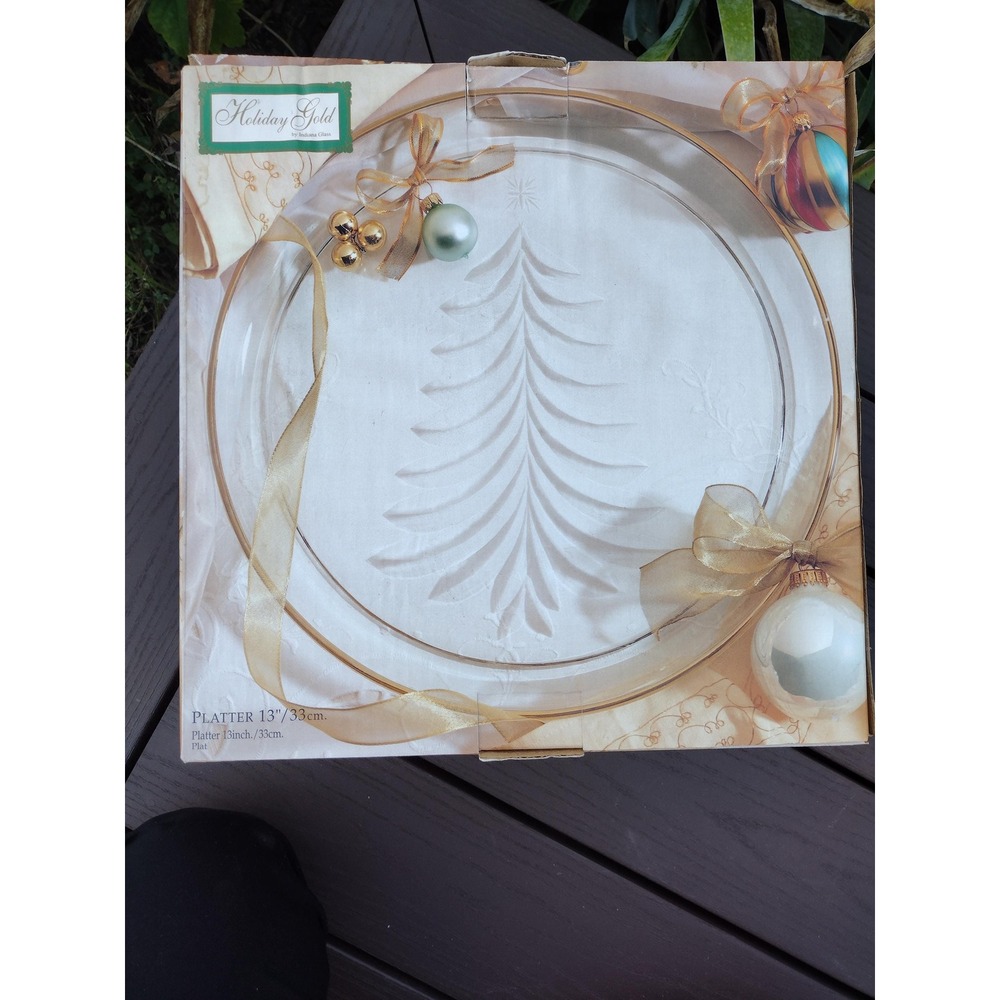 Indiana Glass Holiday Gold Platter 13" new in box Christmas tree